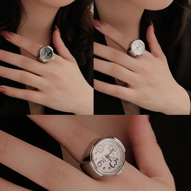 Elegant vintage ring watch with unique clock face worn on a woman's hand, showcasing stylish blend of jewelry and timepiece design.